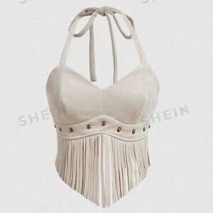 SHEIN MOD Vintage Brown Suede Halter Top with Tassels